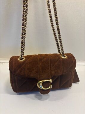 Coach Brown Quilted Suede Shoulder Bag with Gold-Tone Chain
